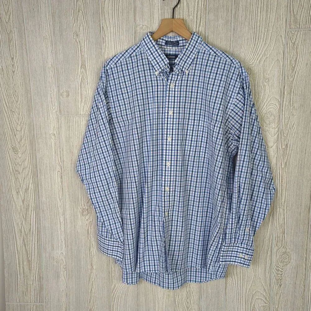 Izod Mens 17 34/35 Button Front Dress Shirt Blue Plaid Long Sleeve Wrinkle Free